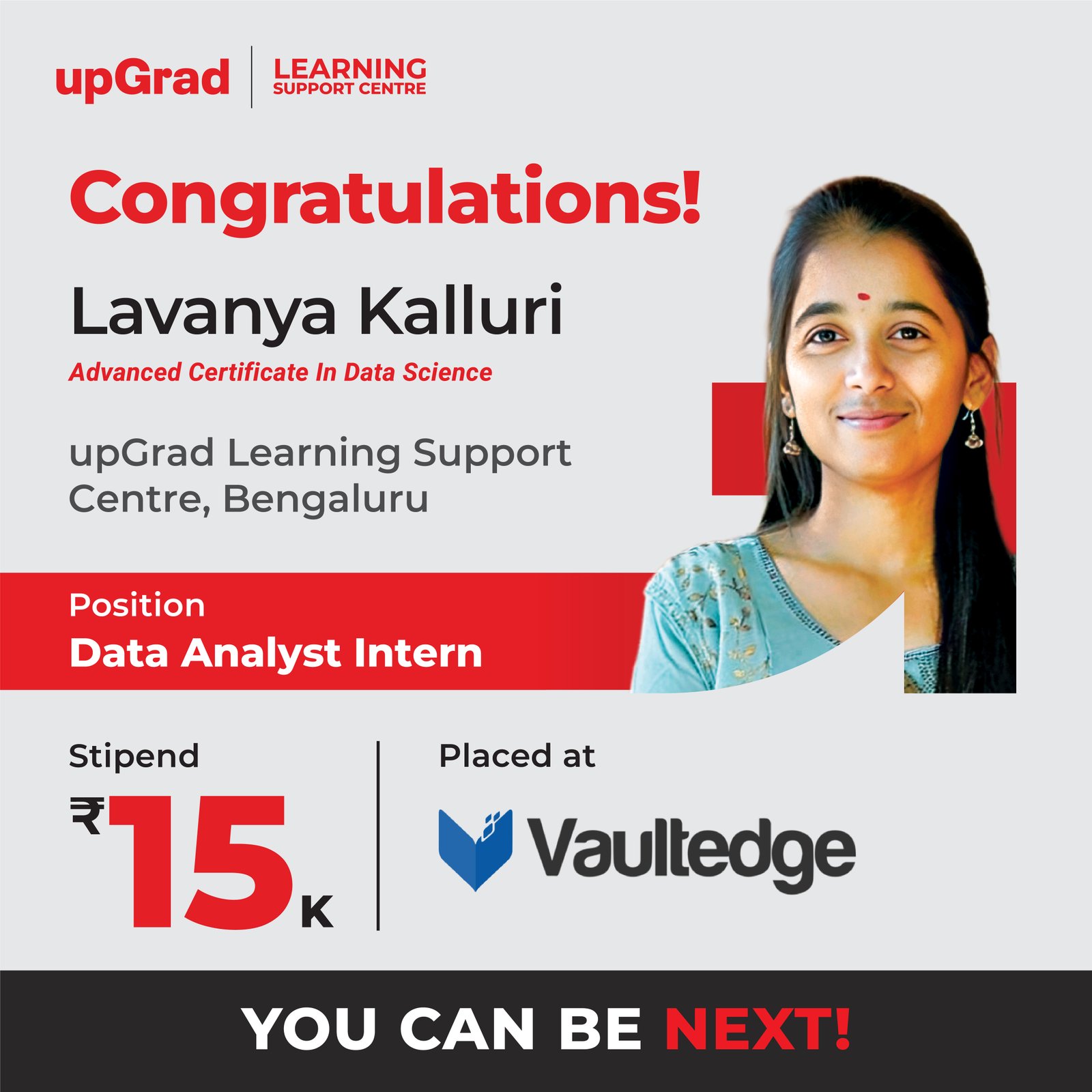 Lavanya Kalluri was placed at Vaultedge as a Data Analyst Intern with a stipend of 15K.